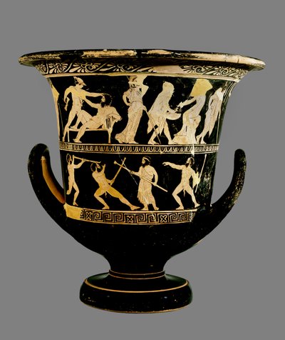 Attisch rotfiguriger Kalix-Krater mit zwei übereinander liegenden Bildfriesen, die das Leben des Theseus oben und Prometheus, Satyrn und andere Figuren unten zeigen, 425 v. Chr. (Keramik) von Greek